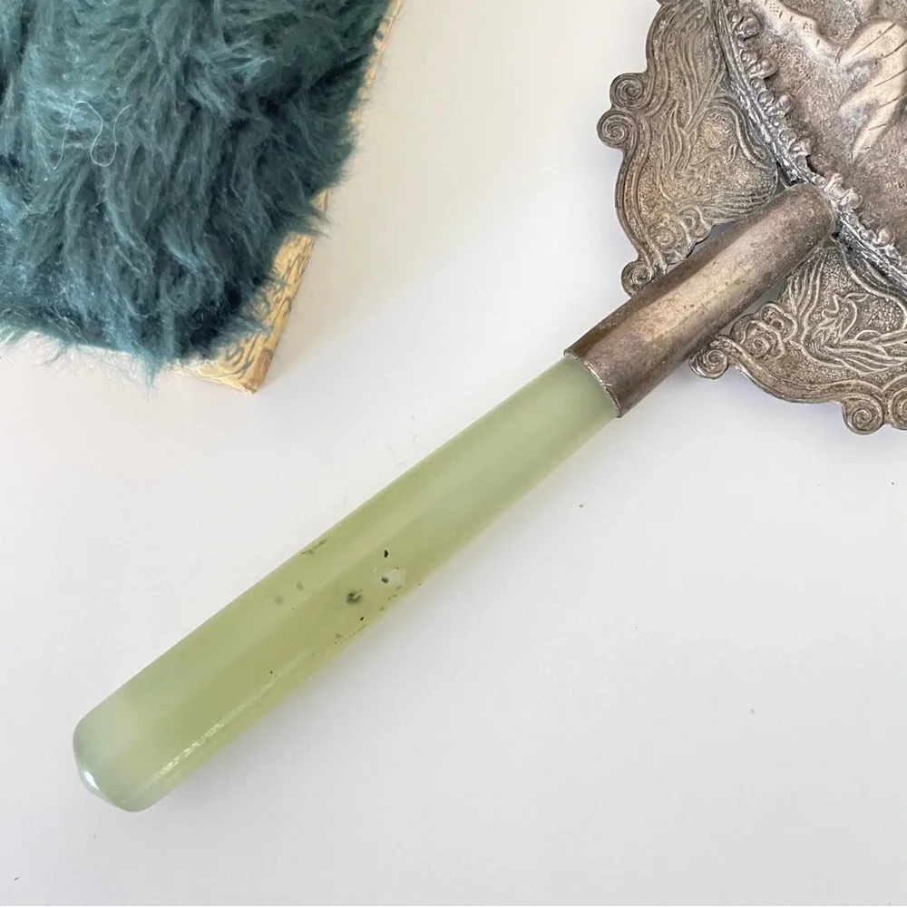 Vintage hand held vanity mirror jade handle silver tone birds floral metal